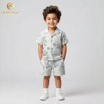 A young boy smiling and posing in a coordinated two-piece summer outfit. He is wearing a short-sleeved, button-down shirt with a Cuban collar and matching shorts, both featuring a light grey-green floral and botanical print on an ecru background. He is also wearing white socks and white sneakers, standing against a plain grey backdrop.