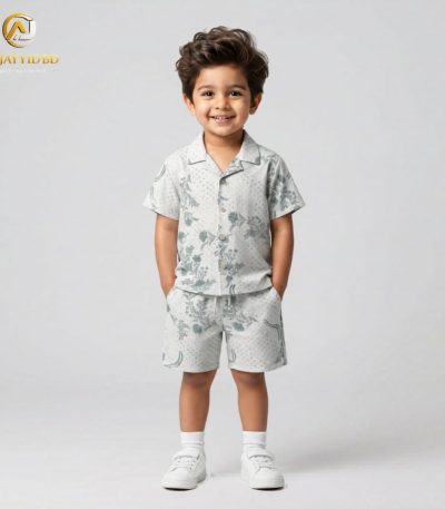 A young boy smiling and posing in a coordinated two-piece summer outfit. He is wearing a short-sleeved, button-down shirt with a Cuban collar and matching shorts, both featuring a light grey-green floral and botanical print on an ecru background. He is also wearing white socks and white sneakers, standing against a plain grey backdrop.