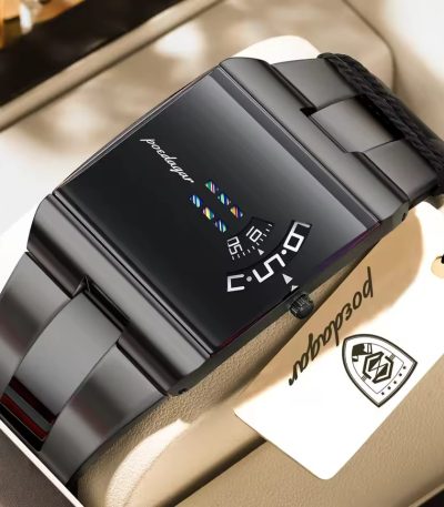 A black Poedagar 857 men's wristwatch with a rectangular case and a unique rotating dial display, resting on a white cushion inside a watch box.