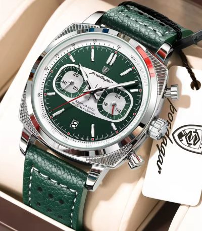 A silver Poedagar 838 luxury sports chronograph watch with a forest green dial and a matching textured green leather strap, displayed in a branded box. The watch features three sub-dials, a date window, and a silver tachymeter bezel.