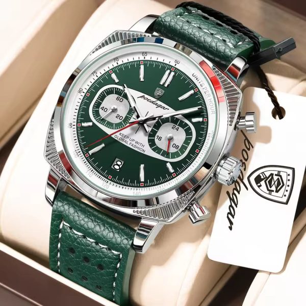 A silver Poedagar 838 luxury sports chronograph watch with a forest green dial and a matching textured green leather strap, displayed in a branded box. The watch features three sub-dials, a date window, and a silver tachymeter bezel.
