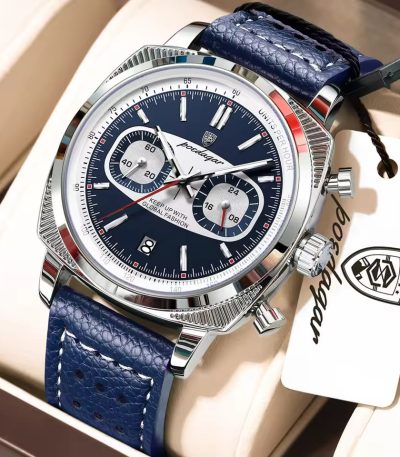 A silver Poedagar 838 luxury sports chronograph watch with a forest green dial and a matching textured green leather strap, displayed in a branded box. The watch features three sub-dials, a date window, and a silver tachymeter bezel.