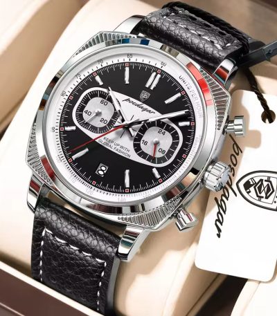 A silver Poedagar 838 luxury sports chronograph watch with a forest green dial and a matching textured green leather strap, displayed in a branded box. The watch features three sub-dials, a date window, and a silver tachymeter bezel.